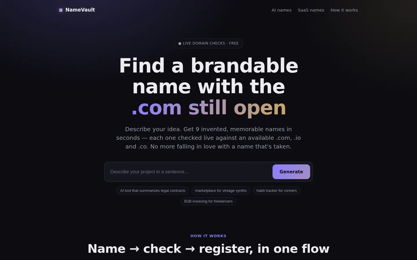 NameVault — Brandable startup names, generated and checked.