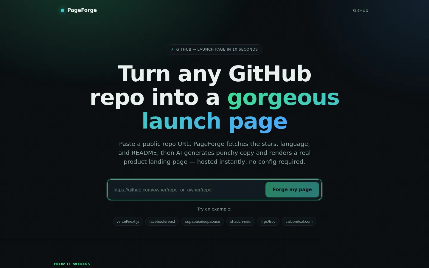 PageForge — A GitHub repo becomes a launch page.
